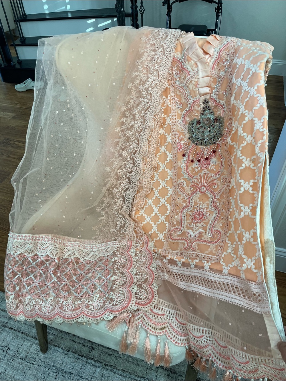 Peach Embroidered Long-Sleeve Women's Dress with Lace Detail